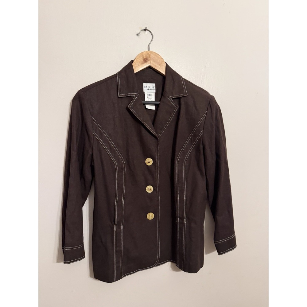 Dorby Vintage Women's Brown Linen Blend Blazer 3/4 Sleeves Size 8